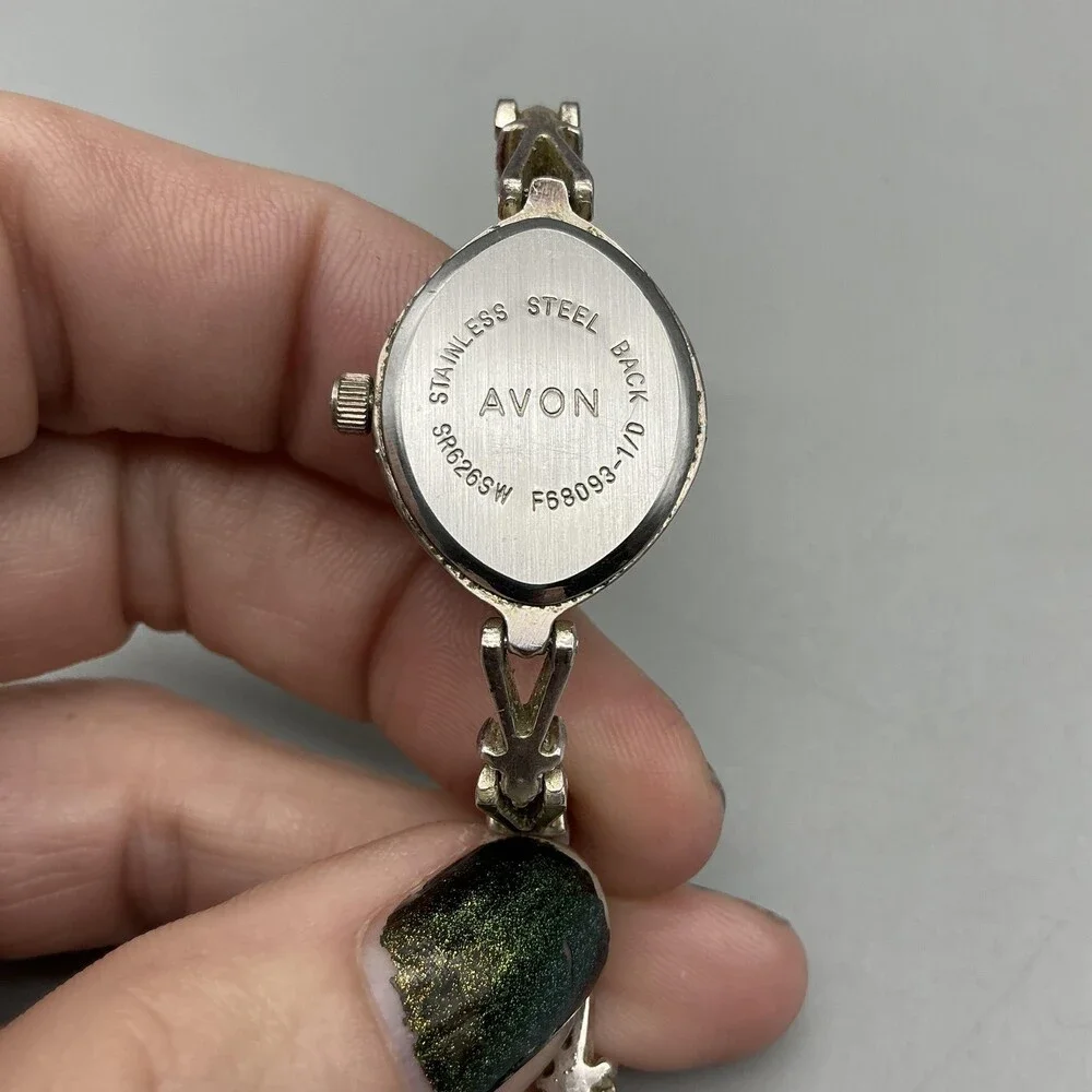 Vtg Avon Women Watch 19mm Black Dial Silver Tone Oval Crystals New Battery 7.25